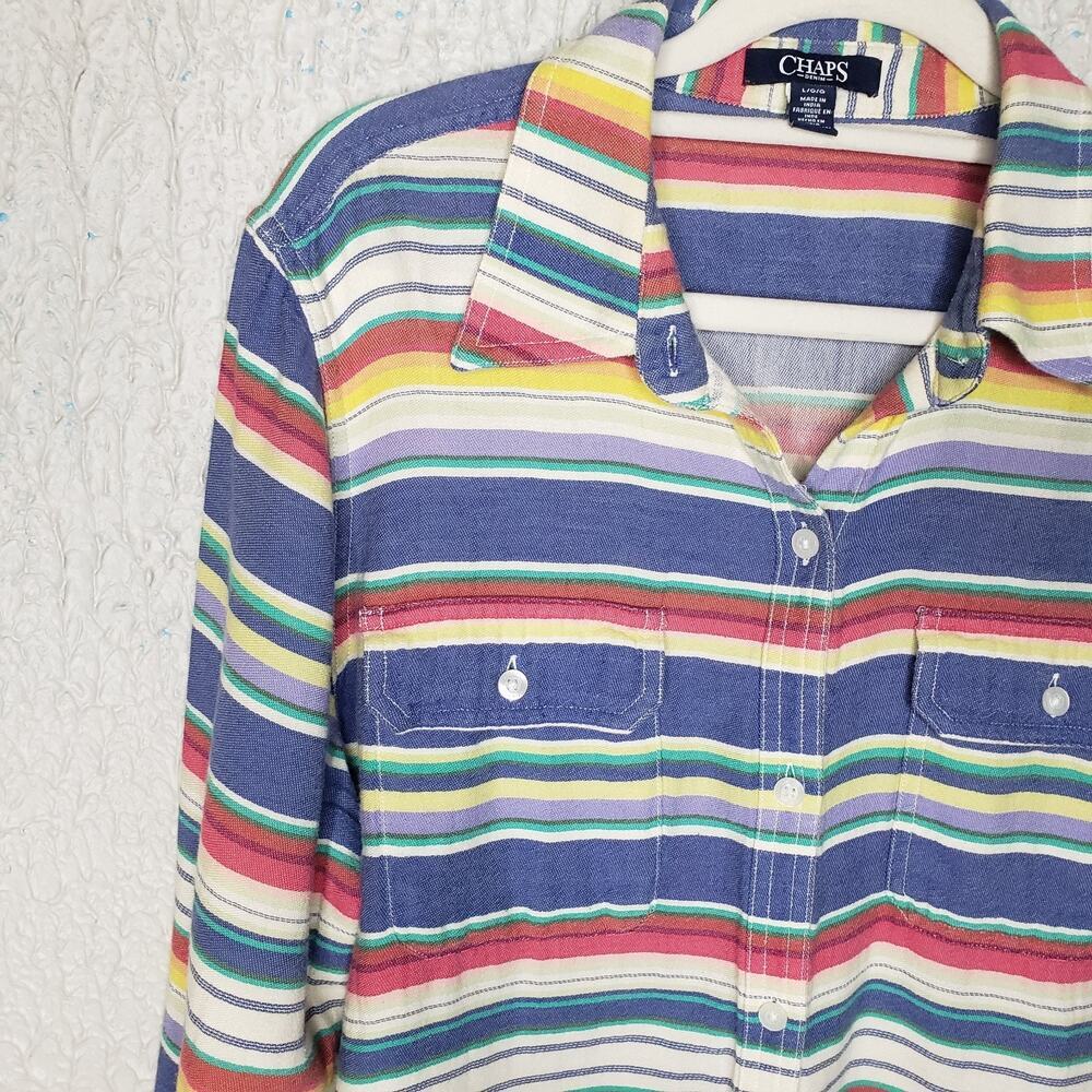 Chaps Denim Long Sleeve Button Shirt Size L Stripes Multi Color Women's - Picture 4 of 13